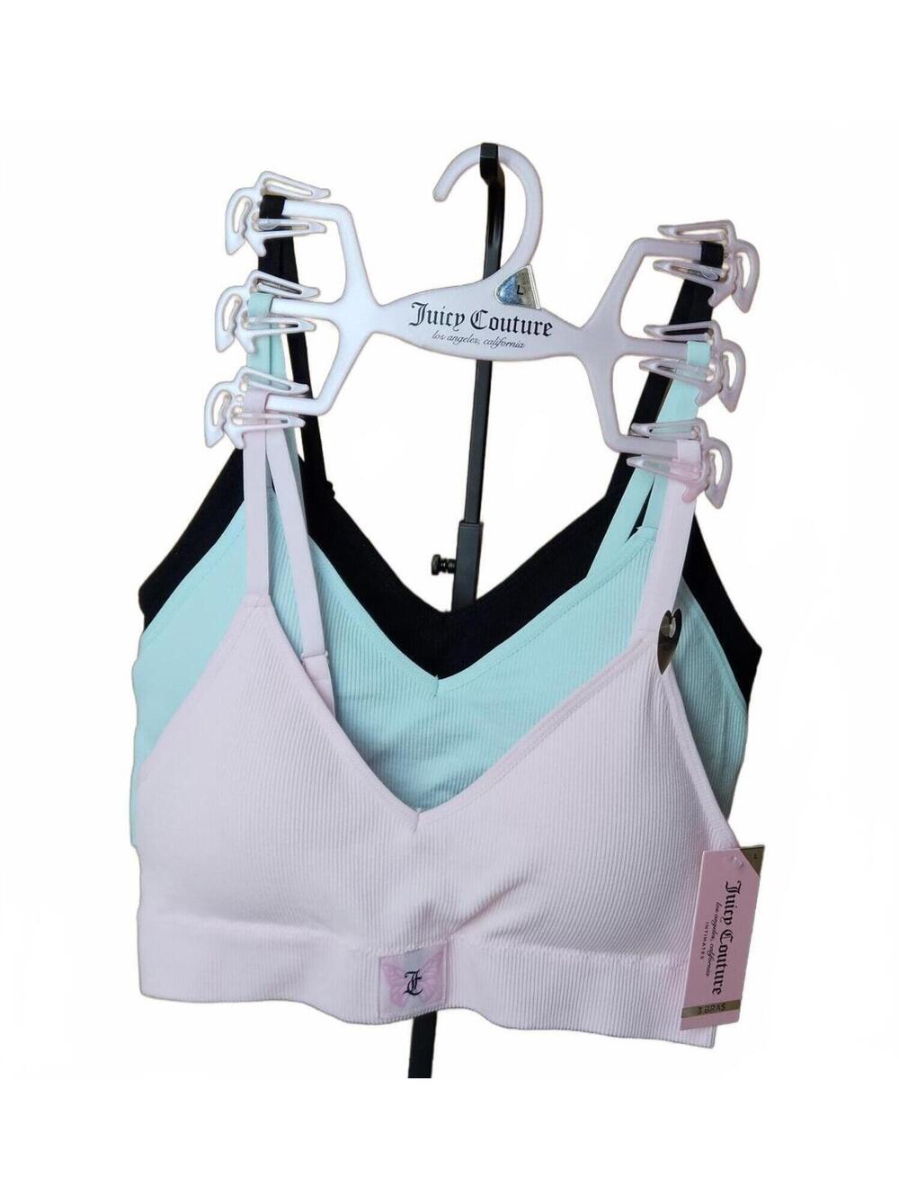 Juicy Couture 3-Pack Ribbed Bralettes Bras Removable Pads Size L Pink Aqua Black